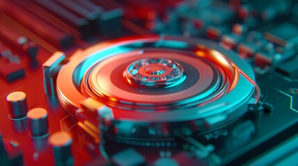 Close up of a hard drive platter with red and blue lighting, 3D illustration.