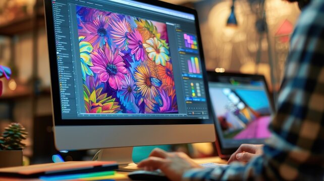 Designer working on a colorful flower pattern on a computer screen with creative workspace in the background.