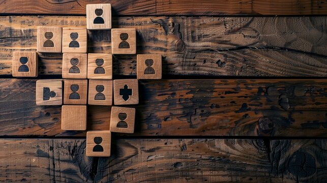 An image of wooden blocks laid out flat with icons that symbolize teamwork and collaboration, highlighting key elements of communication and unity on a rustic wooden surface.