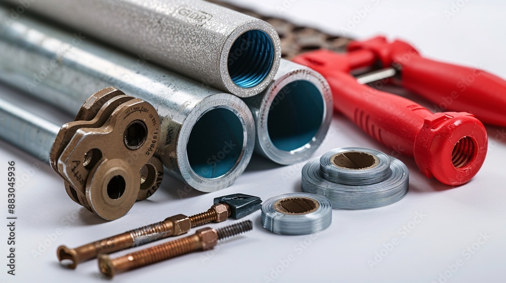 Poster tools and materials for plumbing work including a pipe cutter pipe fittings and a spool of teflon ta