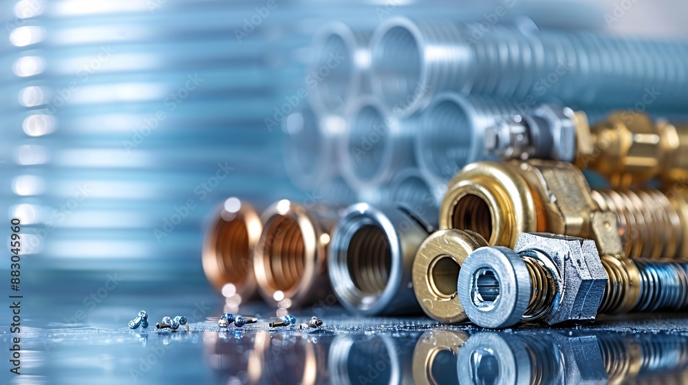 Poster tools and materials for plumbing work including a pipe cutter pipe fittings and a spool of teflon ta