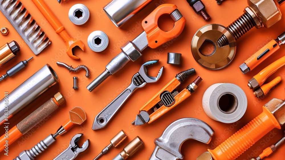 Poster top view of essential tools for plumbing work such as a basin wrench plumber's tape and a set of val