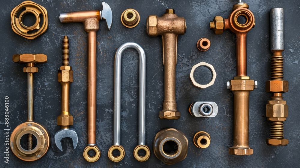 Poster flat lay arrangement of tools and materials for plumbing work such as a basin wrench pipe joint comp