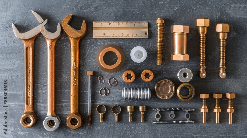 Poster flat lay arrangement of tools and materials for plumbing work such as a basin wrench pipe joint comp