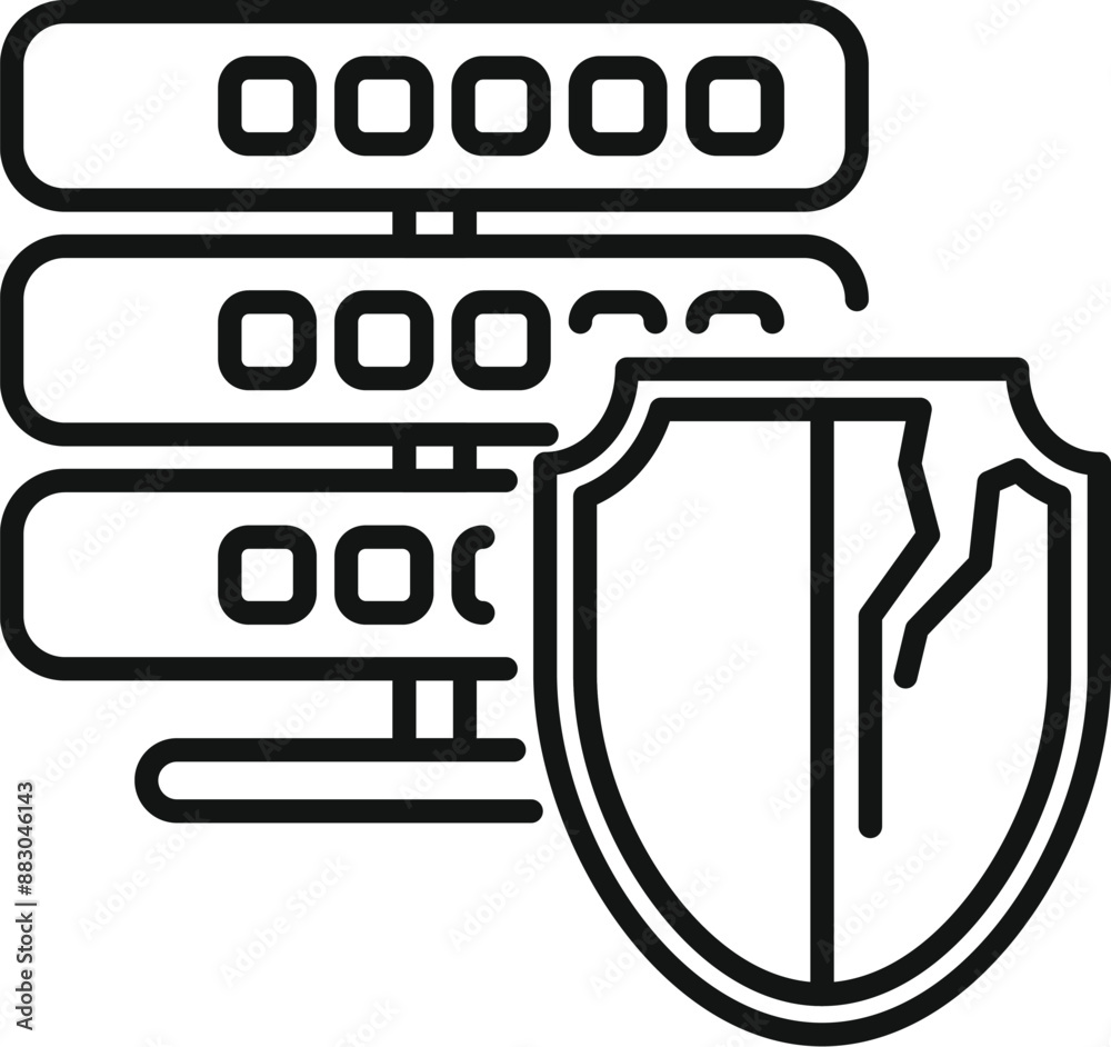 Poster outline style icon representing a data server security breach with a broken shield