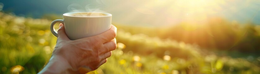 Hand holding coffee mug, outdoor view close up, focus on, copy space Vibrant nature background, Double exposure silhouette with hand and mug