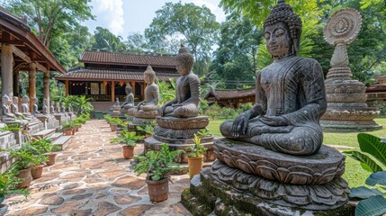Obraz premium Serene Buddha Statues in a Lush Garden Setting