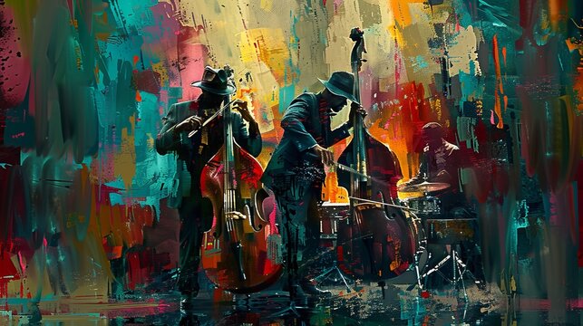 Animated jazz musicians passionately performing with double bass and saxophone against a vibrant and abstract backdrop, evoking the energy and emotion of live jazz music.