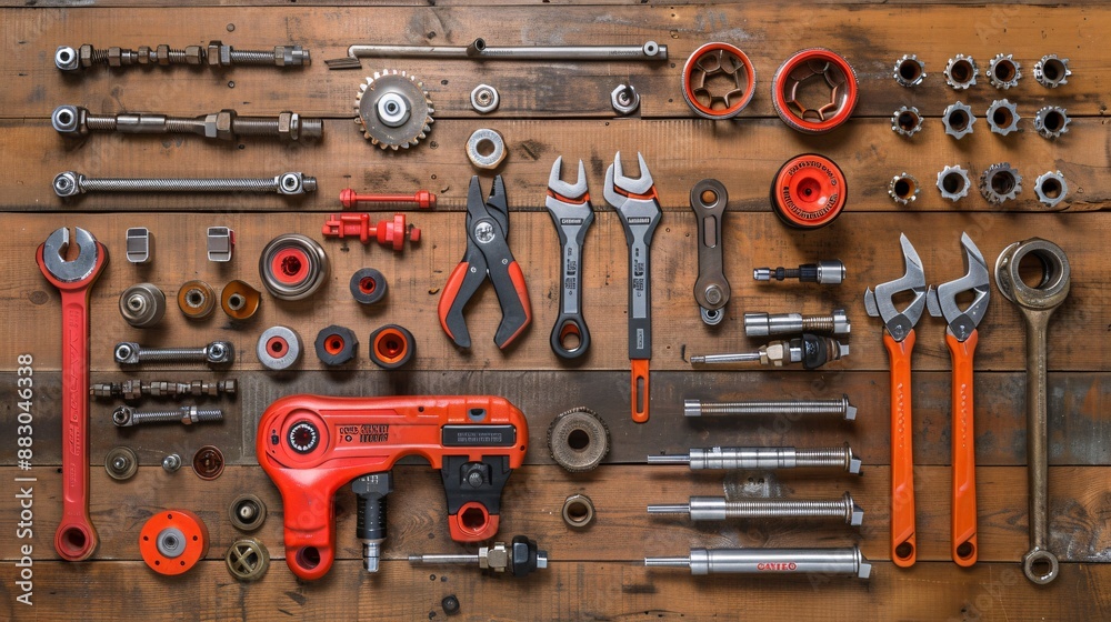 Poster a comprehensive flat lay of essential plumbing tools like pipe wrenches adjustable spanners and plie