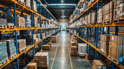 This image showcases the interior of a modern warehouse with long rows of tall shelves filled with numerous boxes and packages, emphasizing storage and logistics.