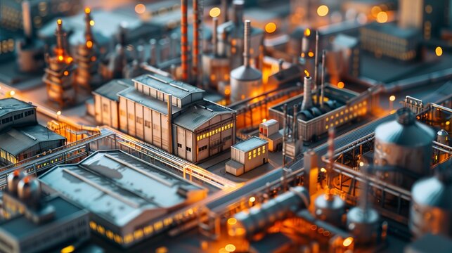A highly detailed miniature model layout of an industrial factory setup, including various buildings, machinery, and pipelines, illustrating a small-scale representation of industrial operations.