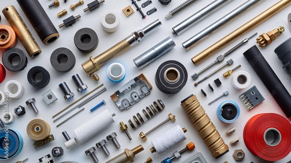 Poster flat lay featuring a variety of plumbing components like pipe joints teflon tape and a spool of sold