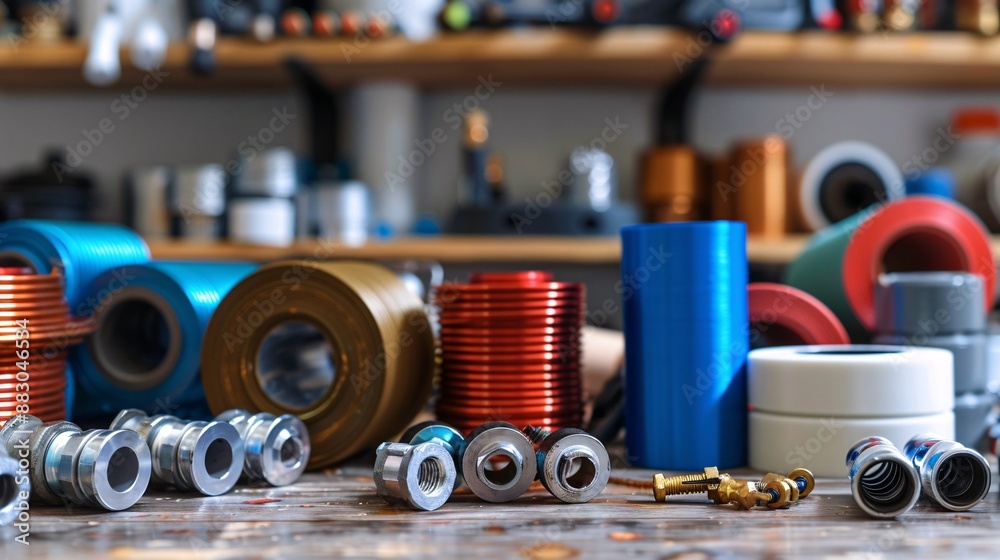 Poster flat lay featuring a variety of plumbing components like pipe joints teflon tape and a spool of sold