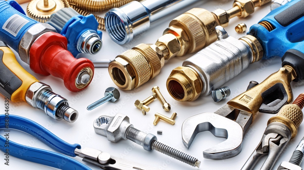 Poster neatly organized plumbing tools including a pipe cutter basin wrench and a range of fittings and val