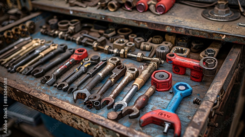 Poster neatly organized plumbing tools including a pipe cutter basin wrench and a range of fittings and val