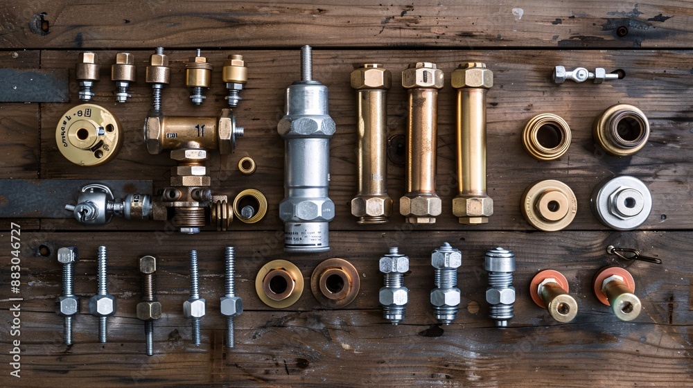 Poster comprehensive flat lay featuring a plumber's torch teflon tape and various plumbing components like 