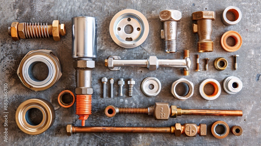 Poster comprehensive flat lay featuring a plumber's torch teflon tape and various plumbing components like 