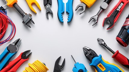 A flat lay of electrical tools including pliers wire cutters and screwdrivers arranged neatly with various cables and connectors Stock Photo with copy space