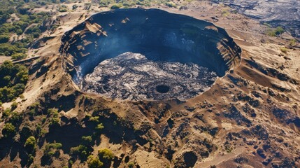 Aerial View of a Volcanic Crater with Smoke