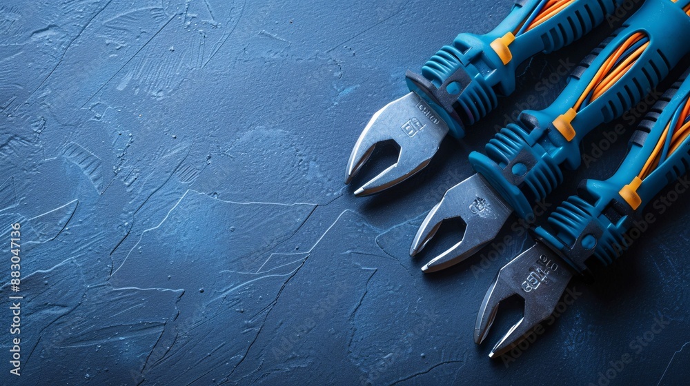 Poster Flat lay showcasing a set of insulated screwdrivers a circuit breaker and a spool of wire Stock Photo with copy space