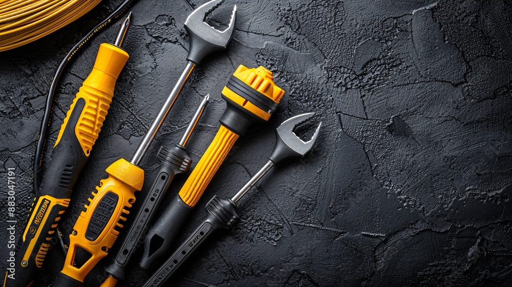 Aufkleber Flat lay showcasing a set of insulated screwdrivers a circuit breaker and a spool of wire Stock Photo with copy space