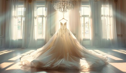 A beautiful wedding dress is displayed in the center of an empty room, bathed in soft light from large windows.