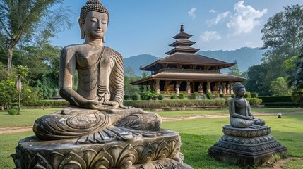 Serene Buddhist Statues in a Lush Garden Setting