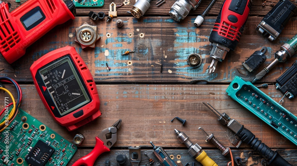 Poster A well-organized flat lay of electrical tools including a circuit tester soldering iron and various connectors Stock Photo with copy space