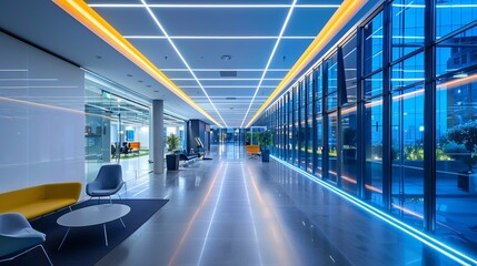 Fototapeta premium A sleek and contemporary office hallway featuring vibrant LED lighting design, enhancing the modern aesthetics and creating a dynamic workspace environment.