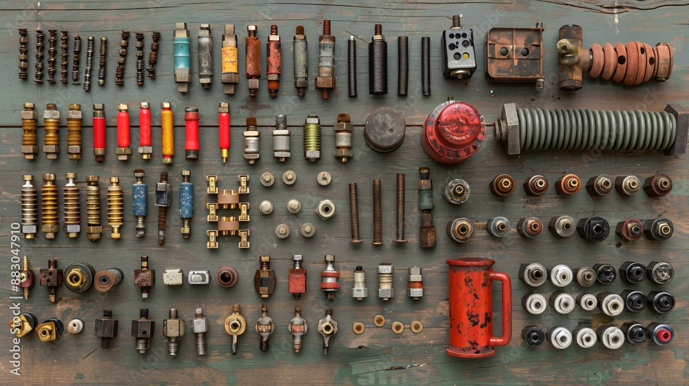 Aufkleber flat lay featuring a variety of electrical components like fuses resistors and a spool of wire stock
