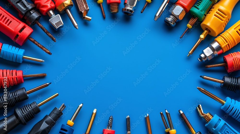 Poster neatly organized electrical tools including a wire cutter voltage tester and a range of connectors a