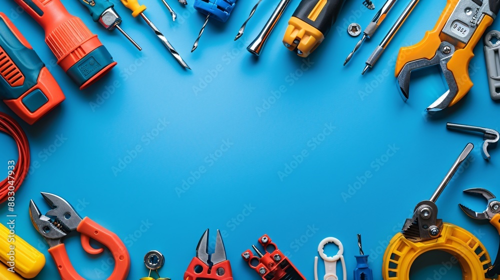 Poster neatly organized electrical tools including a wire cutter voltage tester and a range of connectors a