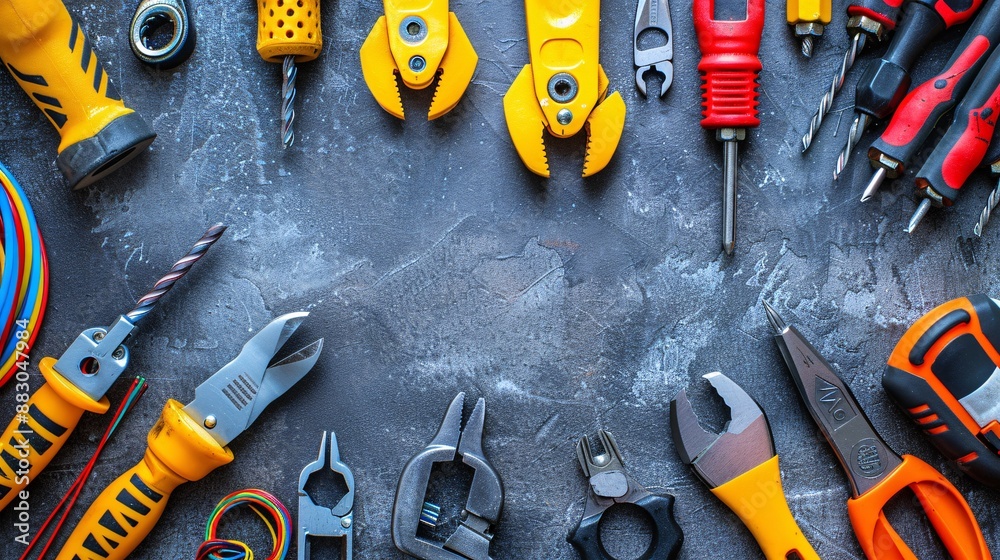 Poster a flat lay of essential electrical tools like pliers wire strippers and screwdrivers with various co