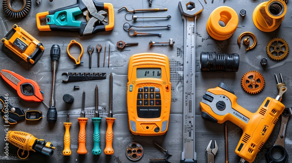 Poster Essential tools for electrical work laid out in a flat lay including a multimeter wire cutters and a selection of connectors Stock Photo with copy space