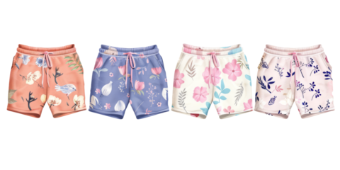 fashionable shorts of different colors and patterns on a white background.
