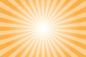 Fototapeta premium Yellow orange background with white sun ray. Pattern of starburst. Abstract deep chrome yellow texture with light of sunburst. Radial beam of sunlight. Retro background with flash. Design of sunbeams.