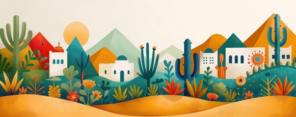 Obraz premium Hispanic Heritage, community mural painting with cultural symbols, flat design illustration
