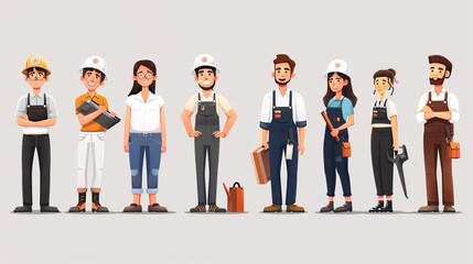 A happy group of animated workers in different uniforms striking action poses, smiling and showing various tools and equipment, portrayed in a light-hearted style against a grey background.