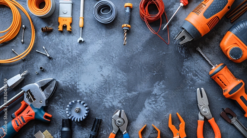 Aufkleber flat lay of tools and materials for electrical work such as a wire stripper voltage tester and a var