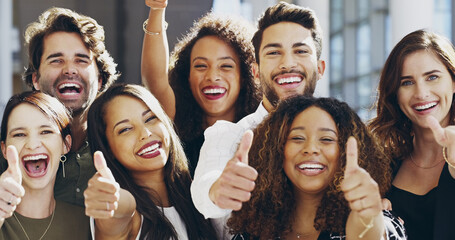 Business, employees and excited with thumbs up in office for team building and collaboration on project. Diversity, happy and people in portrait on teamwork with approval or agreement for support