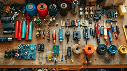 Flat lay featuring a variety of electrical components like fuses resistors and a spool of wire Stock Photo with copy space