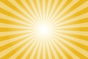Yellow background with white sun ray. Pattern of starburst. Abstract deli yellow texture with light of sunburst. Radial beam of sunlight. Retro background with flash. Design of sunbeams.