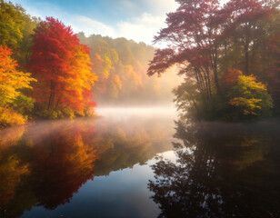 Autumn landscape of a misty lake surrounded by trees in vibrant fall colors. Calm water surface reflecting the foliage. Magical atmosphere, nature's tranquility and beauty.