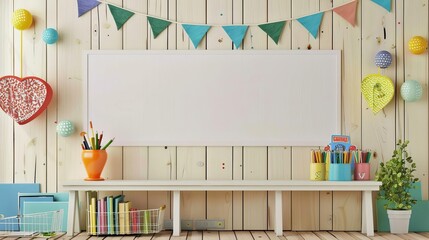 Bulletin board with blank banner space, back to school, announcements