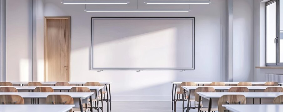 Modern classroom interior, whiteboard with empty space, education, futuristic