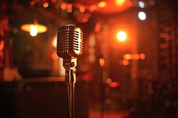 Classic elegance captured with a vintage microphone in a dimly lit jazz club