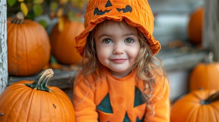 Happy child dressed as a pumpkin for Halloween, looking adorable in her festive costume.