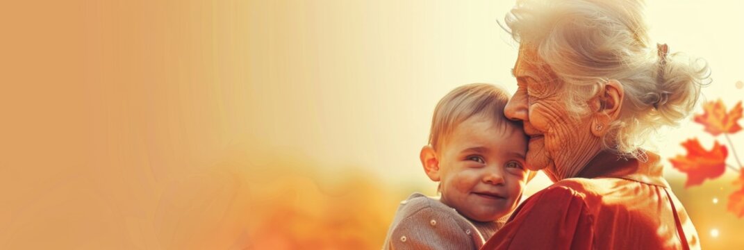 National Grandparents Day, Horizontal banner. Gray-haired grandmother hugs her grandson, light background. Free space for text. Family day