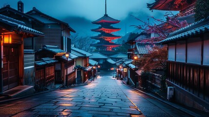 A tranquil street lined with traditional wooden buildings leading towards a beautifully illuminated pagoda, capturing the essence of calmness at twilight.
