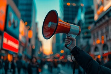 A hand holds a red and white megaphone in the middle of a city, surrounded by tall buildings and a crowd of people